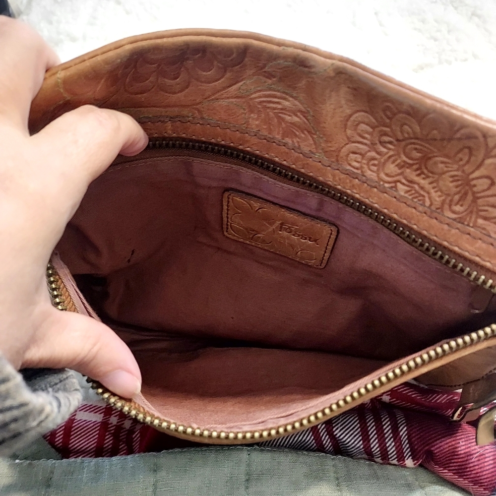 Fossil Sasha Floral Tooled Stitched British Tan Leather Crossbody Bag Boho - Picture 9 of 16
